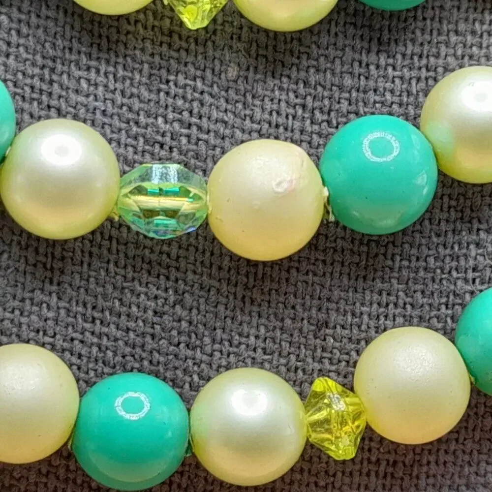 Vintage Green White Bead Necklace, Four Strands, AB Crystal Aspirin Beads, 16 In